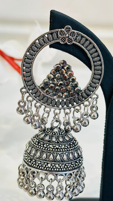 Grey Metallic Stone Work Jhumka Holly - House of Nepal