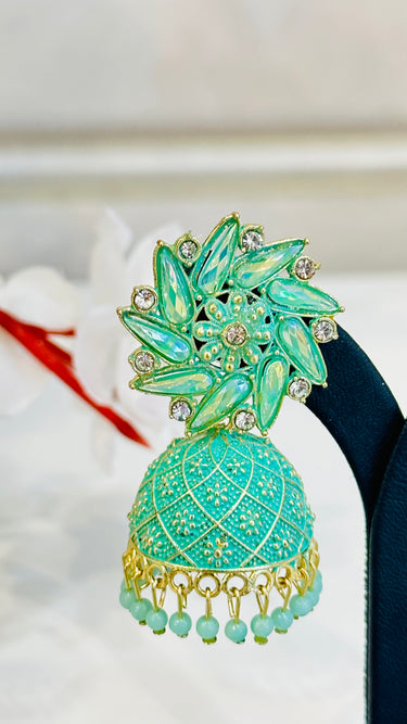 Light Aqua Shiny Mirror Work Jhumka With Beads Aster - House of Nepal