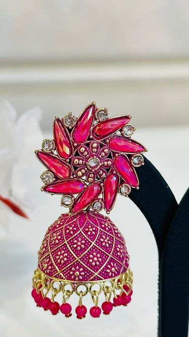 Pink Shiny Mirror Work Jhumka With Beads Aster - House of Nepal