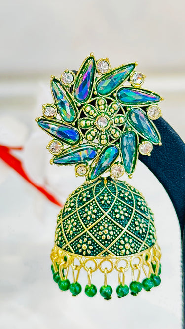 Green Shiny Mirror Work Jhumka With Beads Aster - House of Nepal