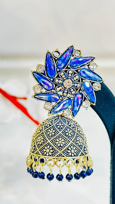 Navy Blue Shiny Mirror Work Jhumka With Beads Aster - House of Nepal