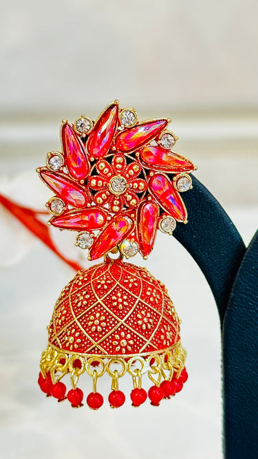 Red Shiny Mirror Work Jhumka With Beads Aster - House of Nepal