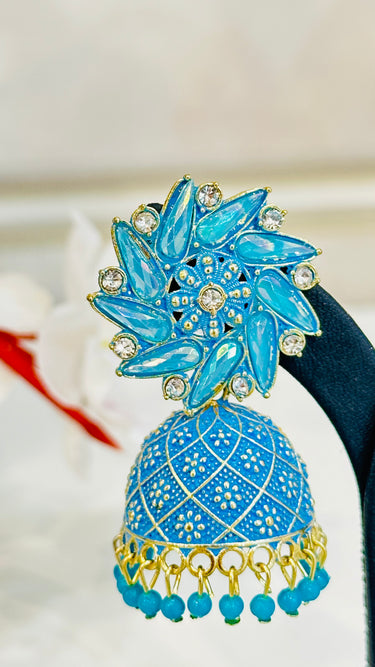 Sky Blue Shiny Mirror Work Jhumka With Beads Aster - House of Nepal