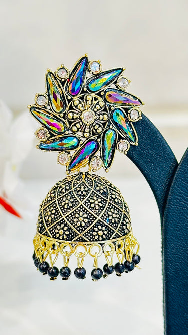 Black Shiny Mirror Work Jhumka With Beads Aster - House of Nepal