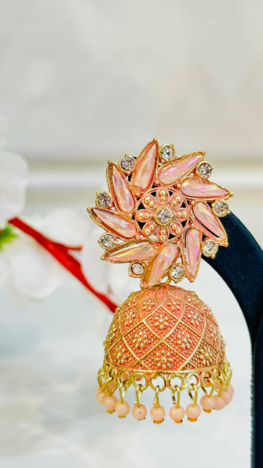 Peach Shiny Mirror Work Jhumka With Beads Aster - House of Nepal