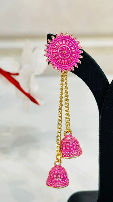 Pink Long Chain Tassel Jhumka Amaryllis - House of Nepal