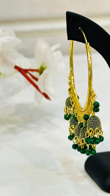 Green Circular Hoop Jhumka With Beads Camellia - House of Nepal