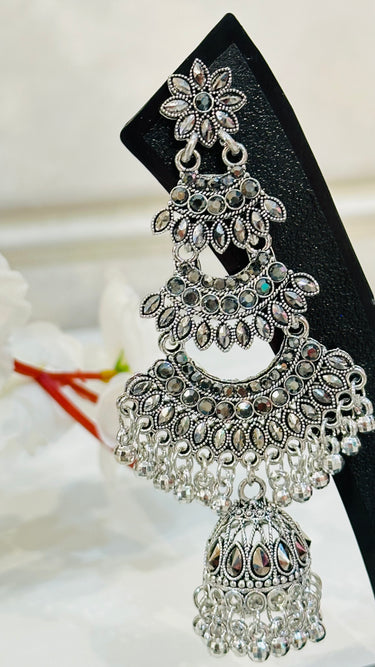 Grey Metallic Stone Work Long Jhumka Blossom - House of Nepal