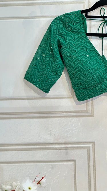 Half Sleeve Green With Mirror Work Boutique Blouse