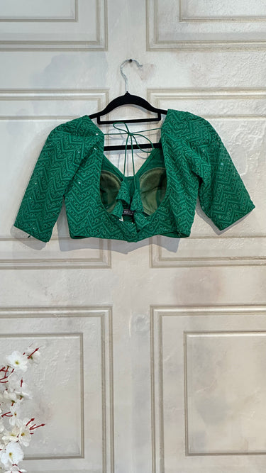 Half Sleeve Green With Mirror Work Boutique Blouse