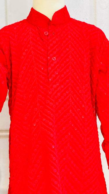 Kids Rayon Chickankari Kurta Set Red - House of Nepal