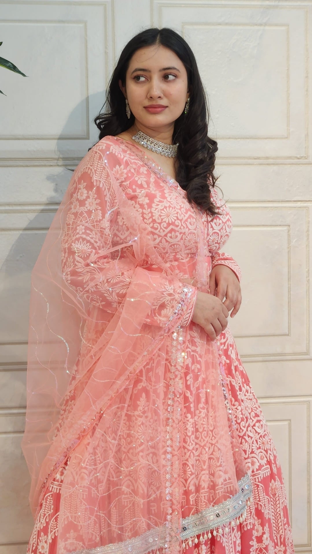 Peach Thread Embroidered Lehenga with Boutique Blouse and Dupatta Kaya