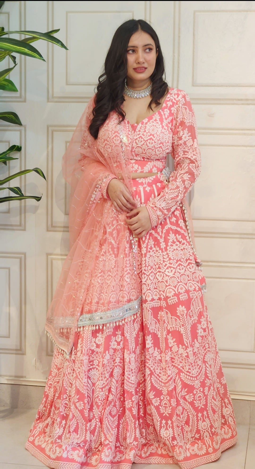 Peach Thread Embroidered Lehenga with Boutique Blouse and Dupatta Kaya