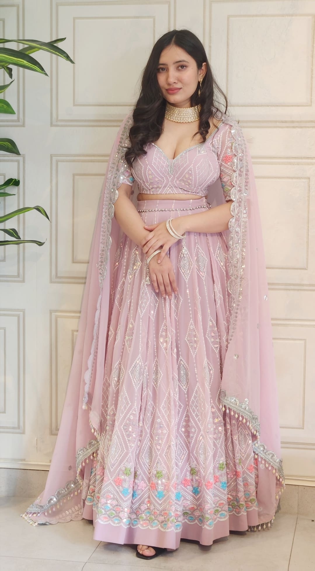 Mauve Pink Colourful Thread and Sequin Embroidered Lehenga with Boutique Blouse and Dupatta