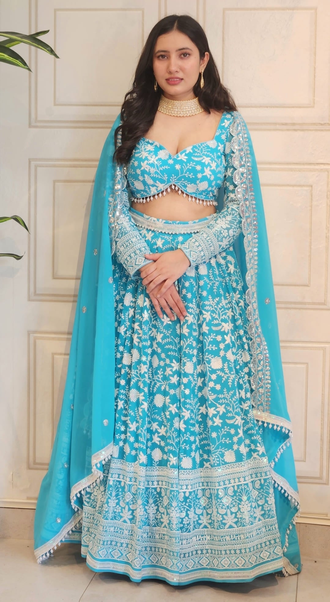 Aqua Blue Thread and Colourful Sequin Embroidered Lehenga with Boutique Blouse and Dupatta