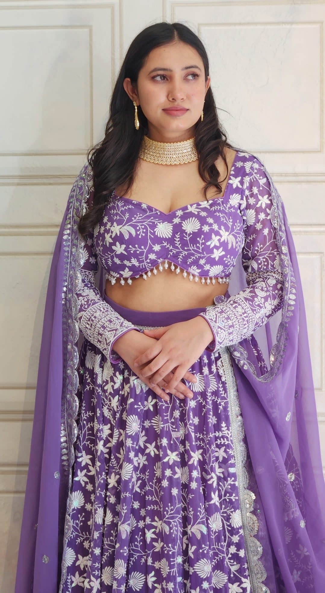 Mauve Purple Thread and Colourful Sequin Embroidered Lehenga with Boutique Blouse and Dupatta