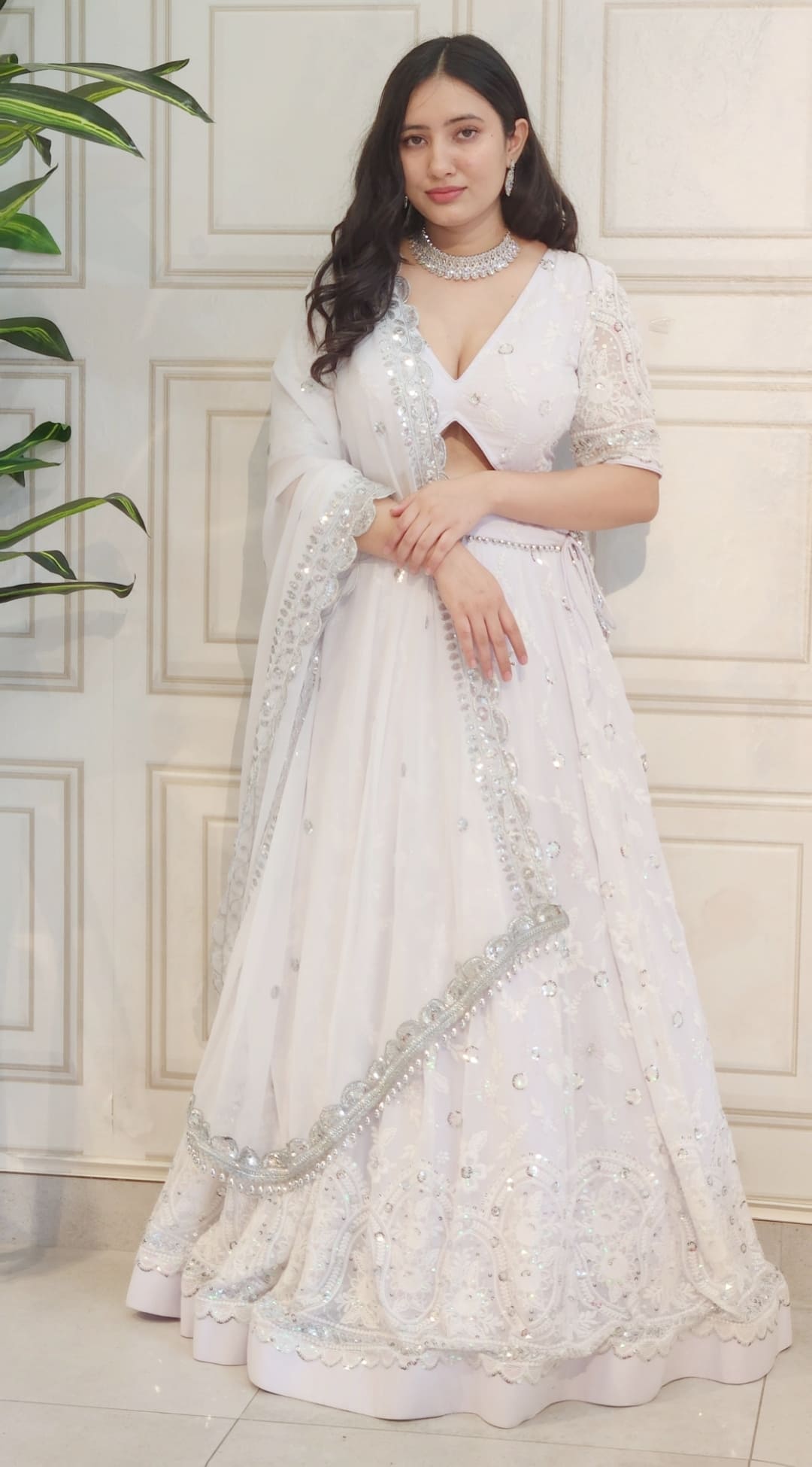 White Thread and Sequin Embroidered Lehenga with Boutique Blouse and Dupatta Laskara