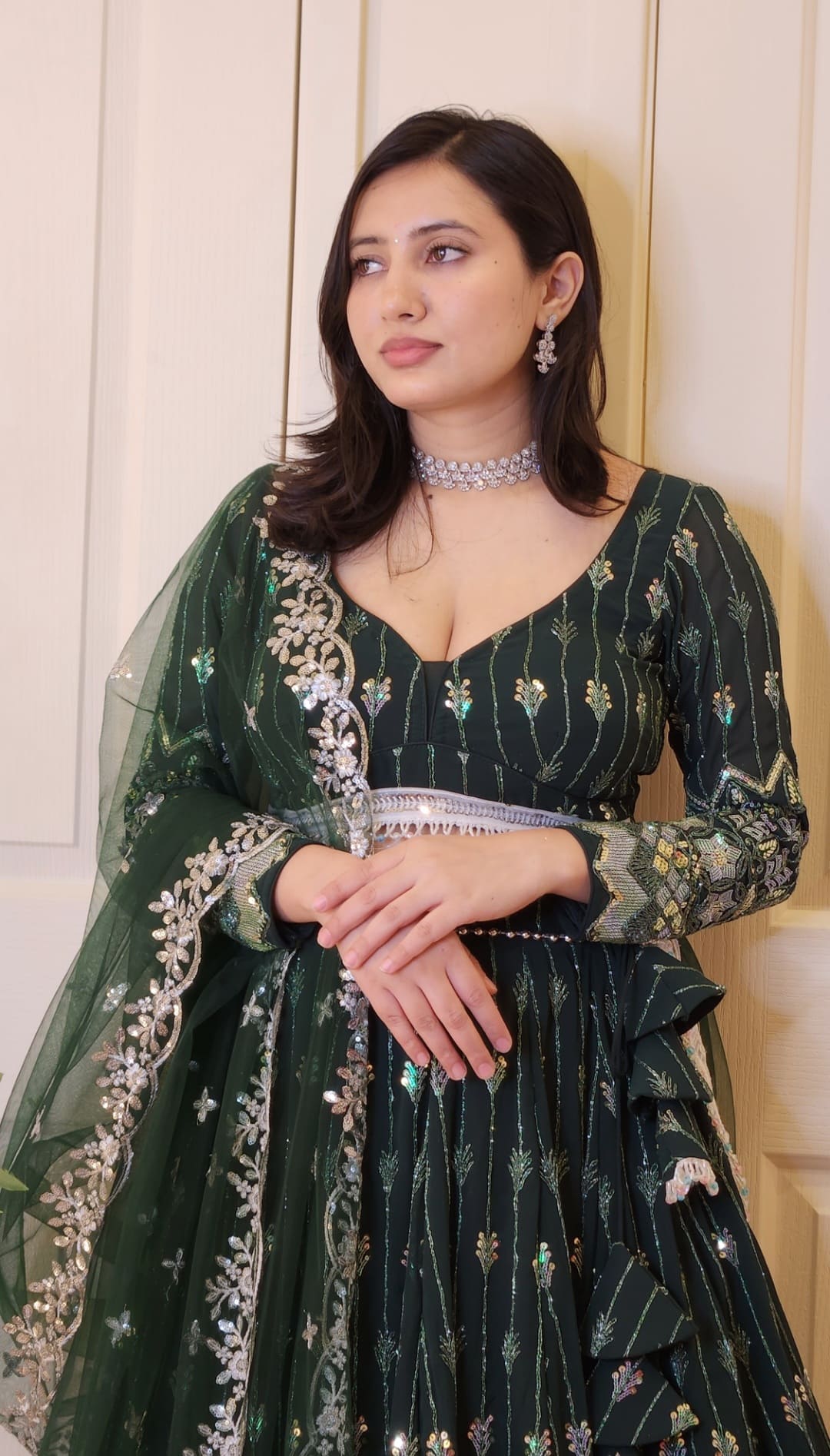 Dark Green Handwork Thread Embroiderd Lehenga With Boutique Blouse and Dupatta
