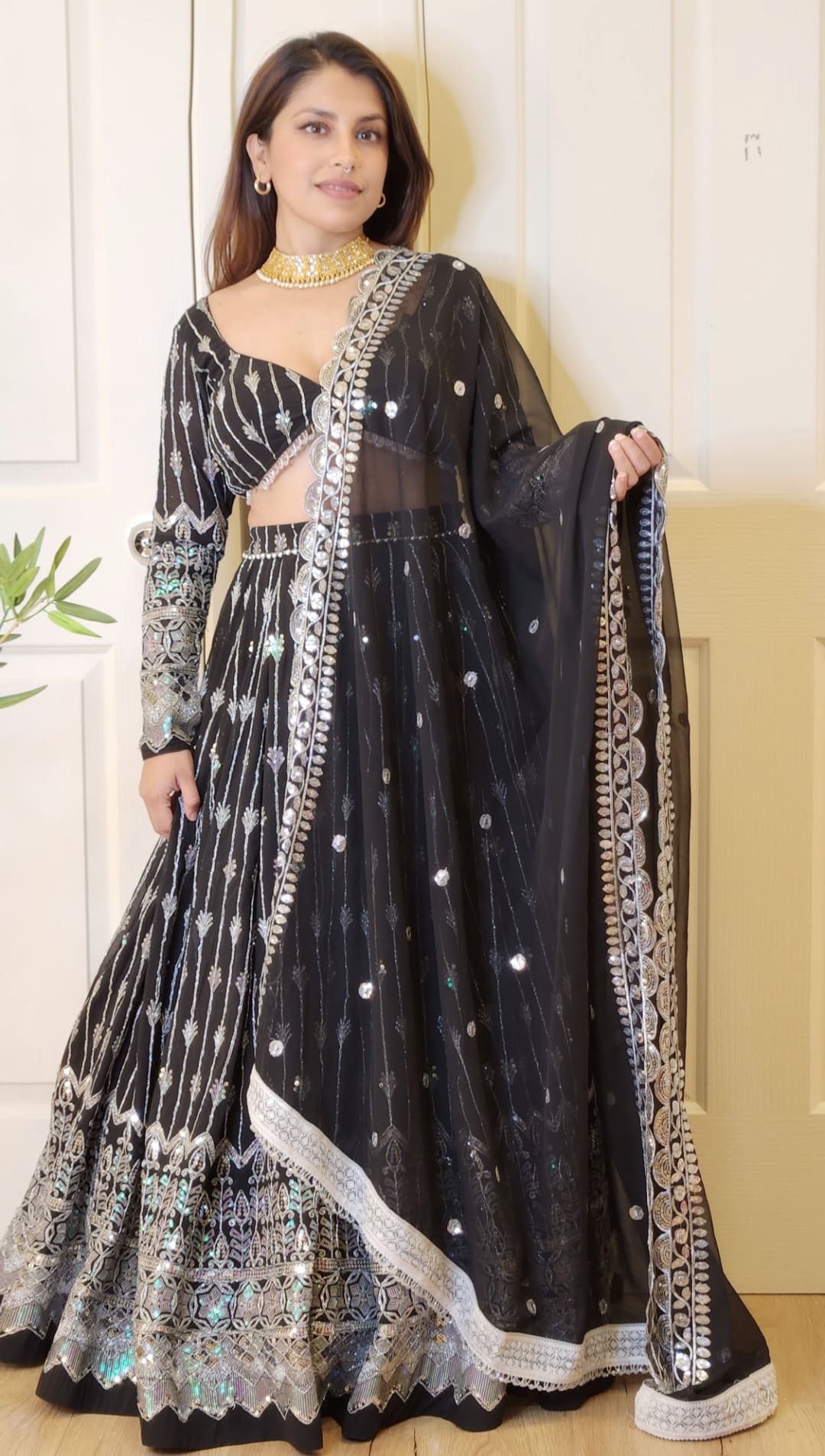 Black Thread Embroidered Lehenga with Boutique Blouse and Shawl