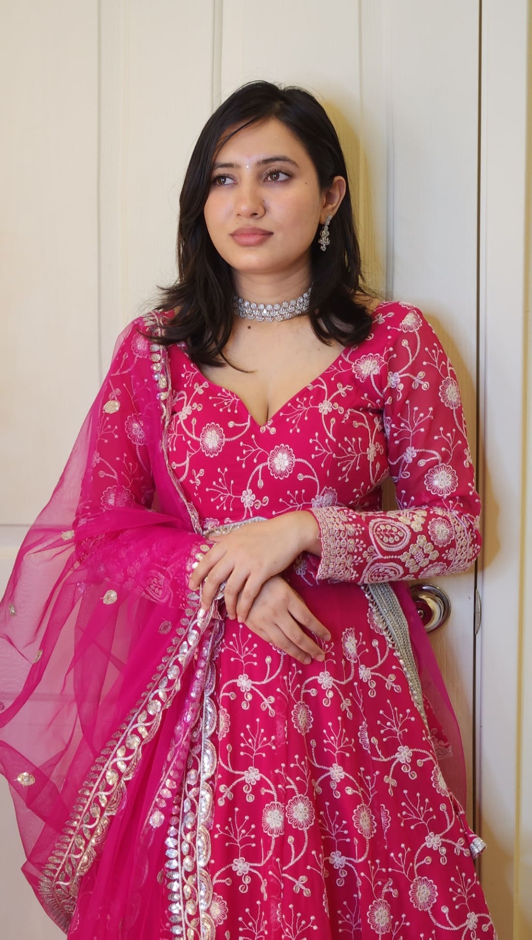 Hot Pink Sequin and Thread Embroidered Lehenga with Full Sleeve Blouse and Shawl Mimosa