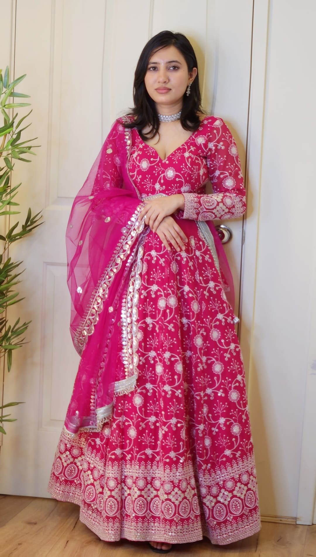 Hot Pink Sequin and Thread Embroidered Lehenga with Full Sleeve Blouse and Shawl Mimosa