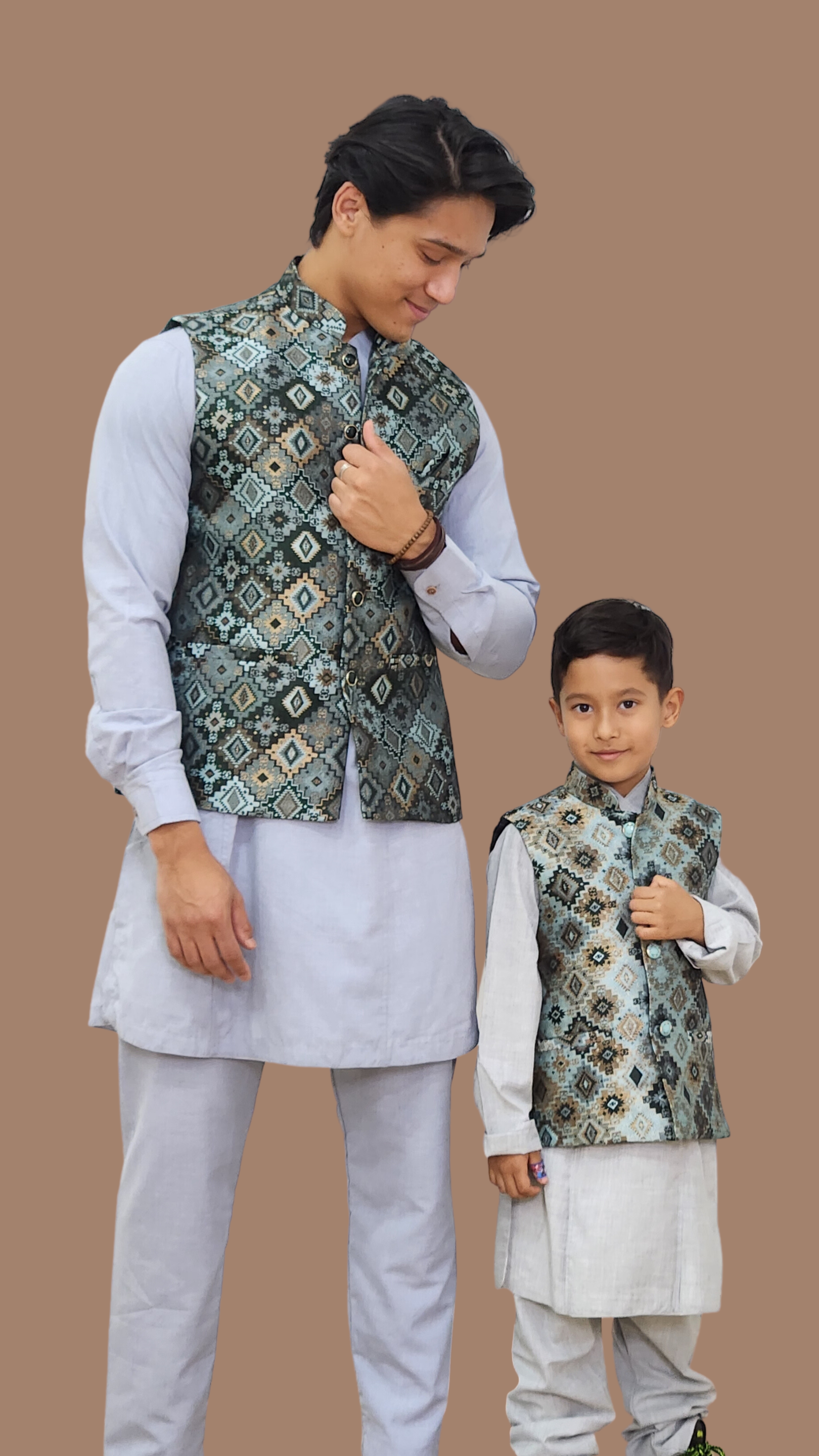 Father and Son Matching Dhaka Waistcoat Lightblue