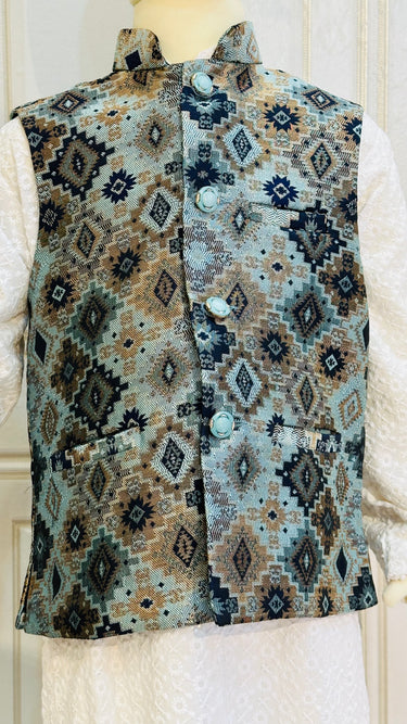 Kids Dhaka Waistcoat Radiance Navy Blue And Blue Mix - House of Nepal