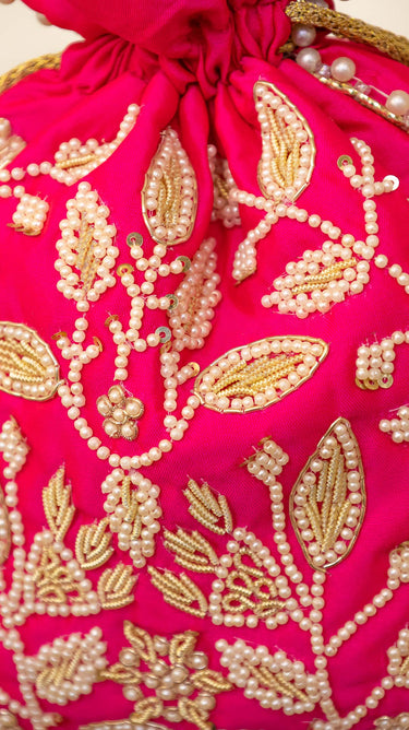 Hot Pink Bead Embroidered Hand Bag Vina - House of Nepal