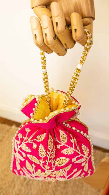 Hot Pink Bead Embroidered Hand Bag Vina - House of Nepal