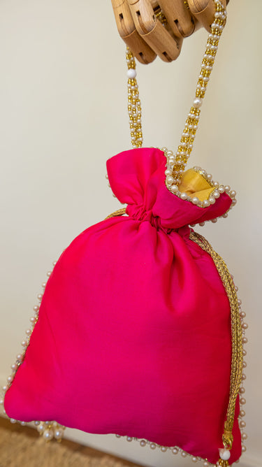 Hot Pink Bead Embroidered Hand Bag Vina - House of Nepal