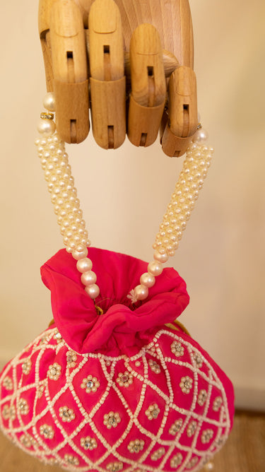 Hot Pink Bead Embroidered Hand Bag Hira - House of Nepal