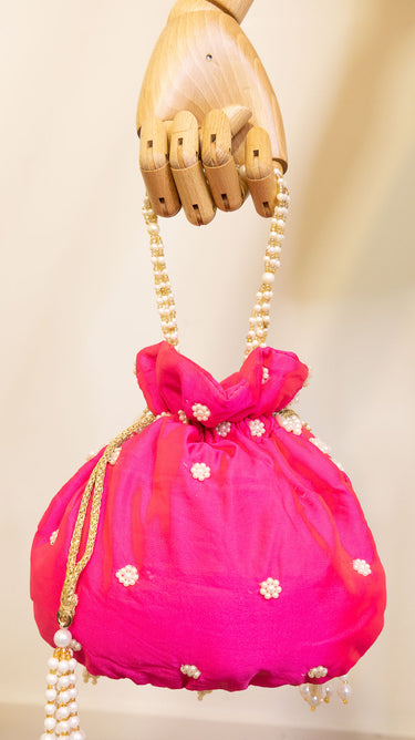 Hot Pink Pearl Embroidered Velvet Hand Bag Macha - House of Nepal