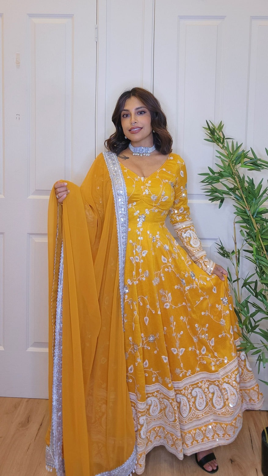 Mustard Yellow Thread Embroidered Anarkali Kurta Set with Churidar and Shawl