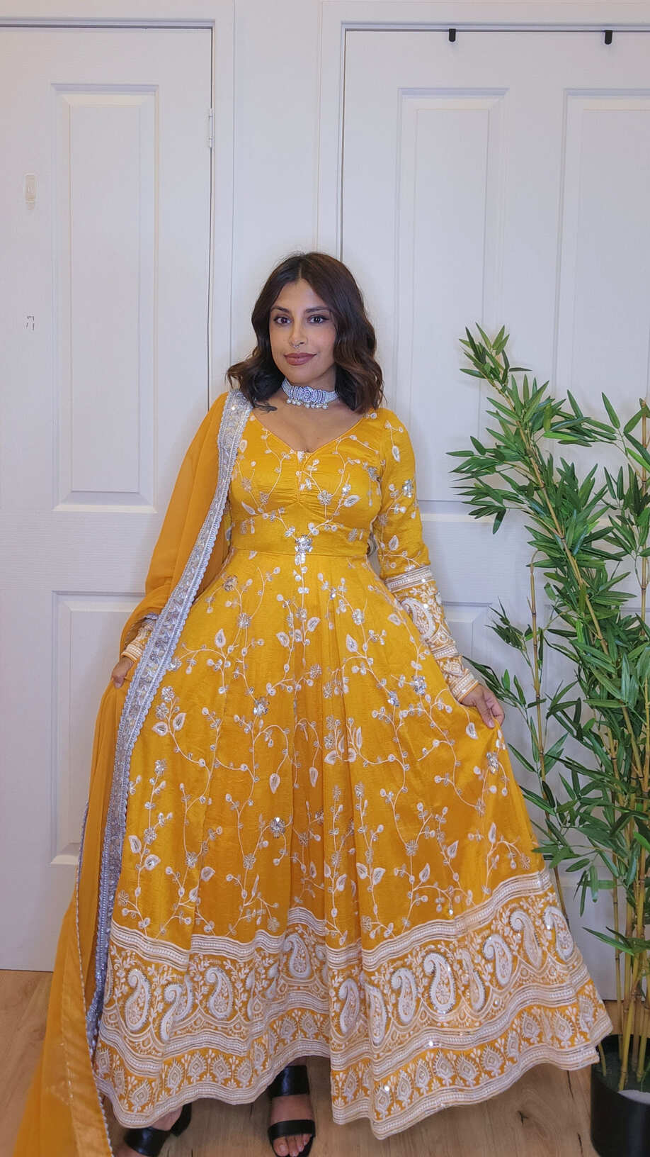 Mustard Yellow Thread Embroidered Anarkali Kurta Set with Churidar and Shawl