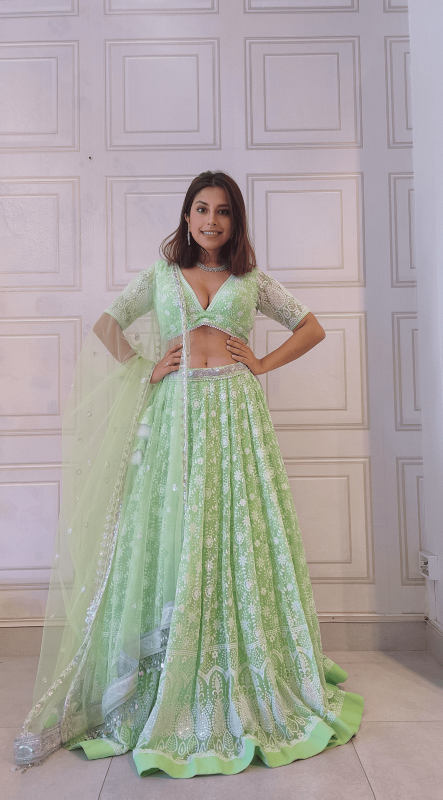 Mint Green Thread and Sequin Embroidered Lehenga with Boutique Blouse and Shawl