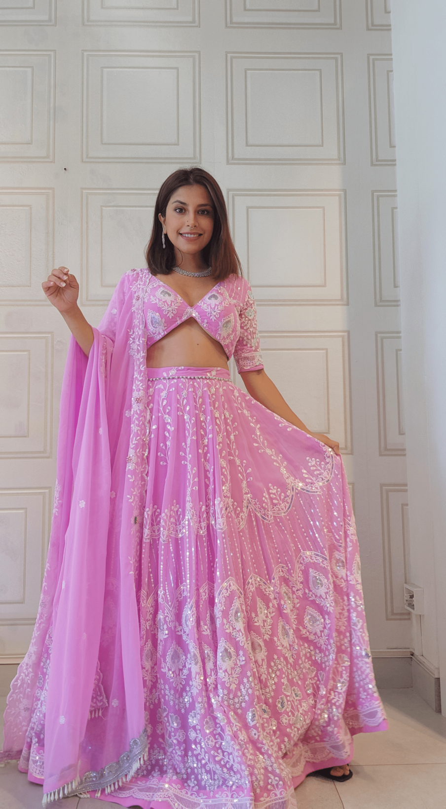 Baby Pink Thread and Sequin Embroidered Lehenga with V-Neck Boutique Blouse and Dupatta Bihani