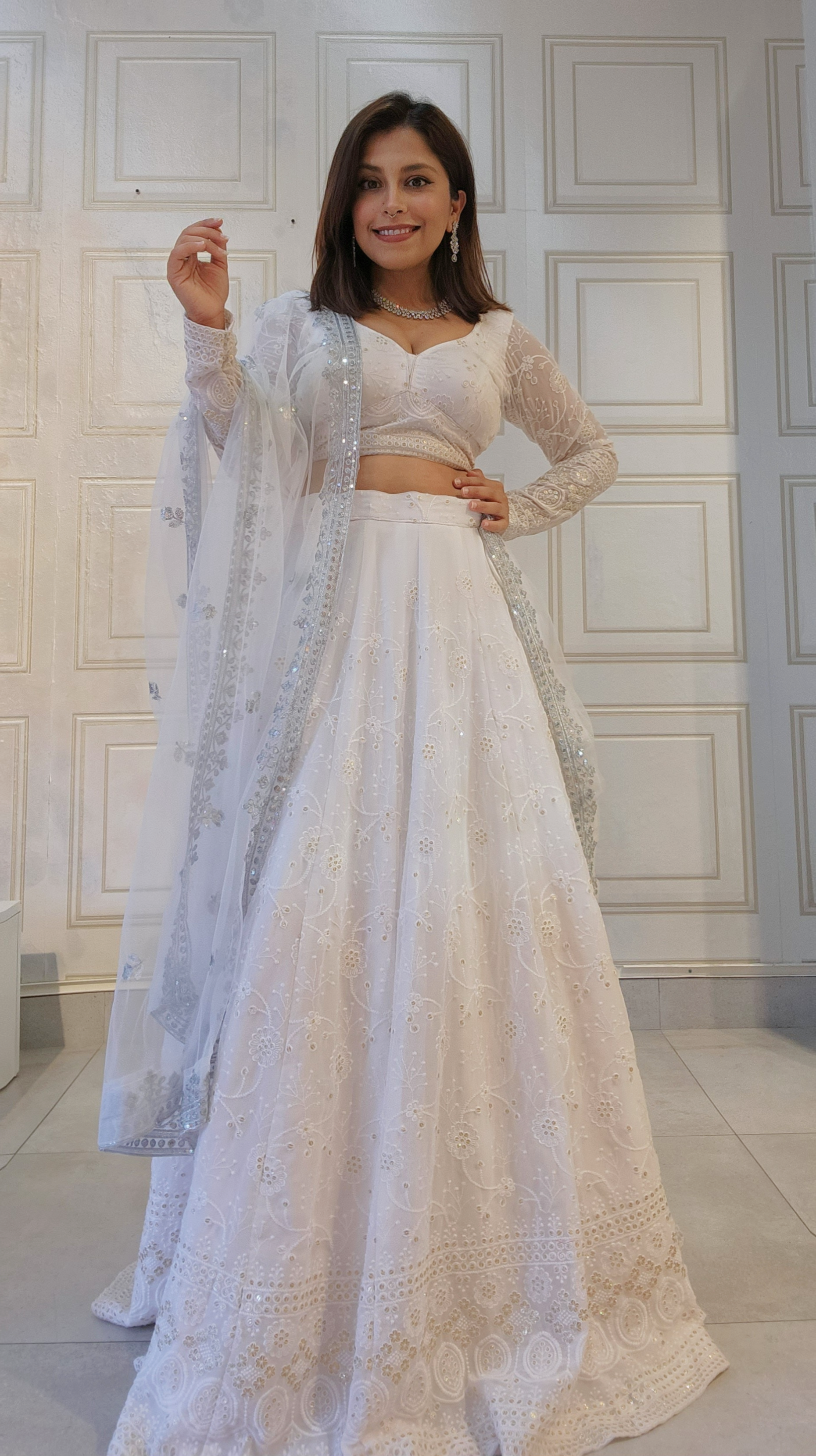 White Sequin and Thread Embroidered Lehenga with Full Sleeve Boutique Blouse and Shawl Mimosa