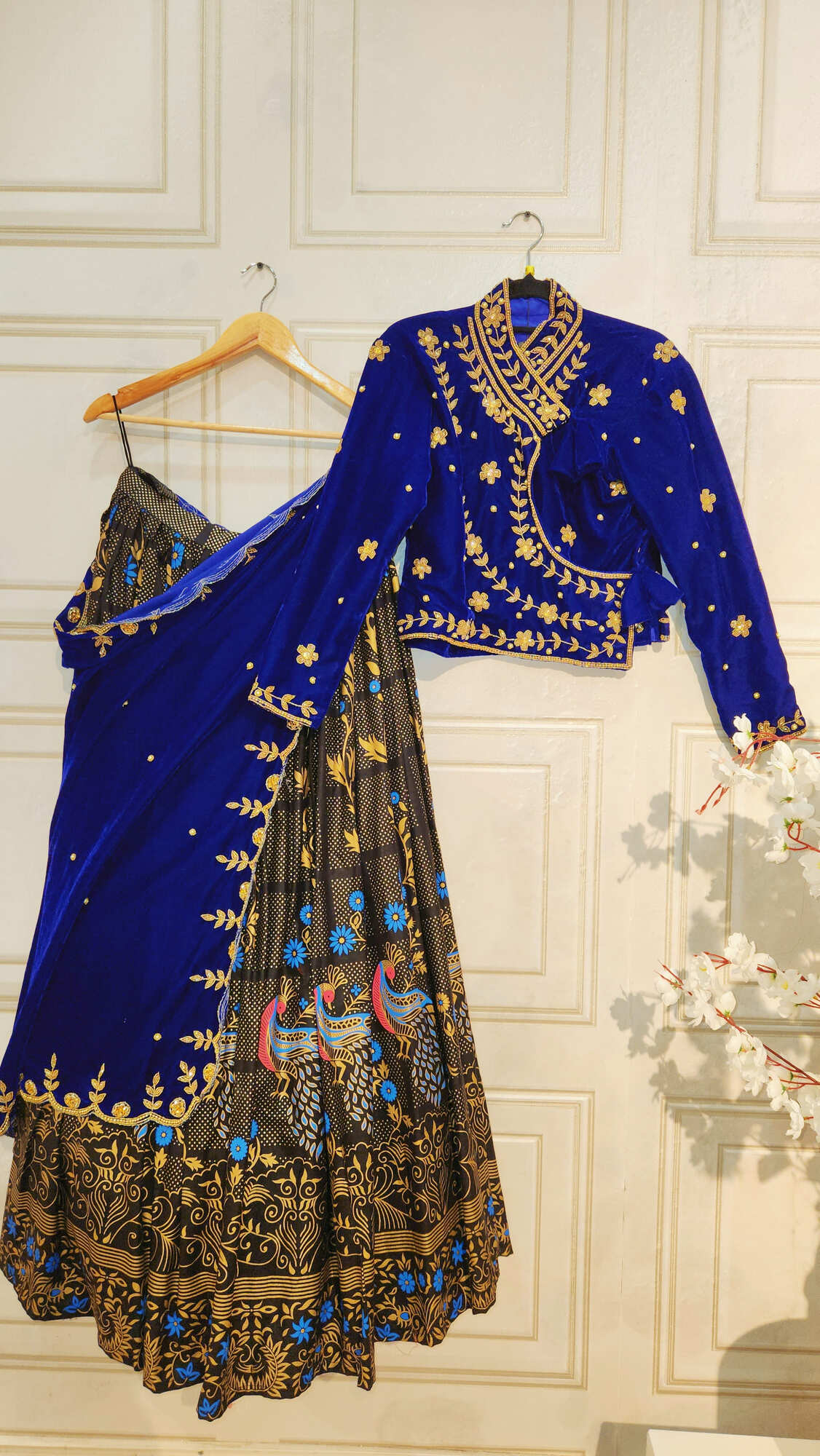 Blue Handwork Traditional Gurung and Magar Mayur Embroidered Boutique Fariya with Chaubandi Choli and Ghalek