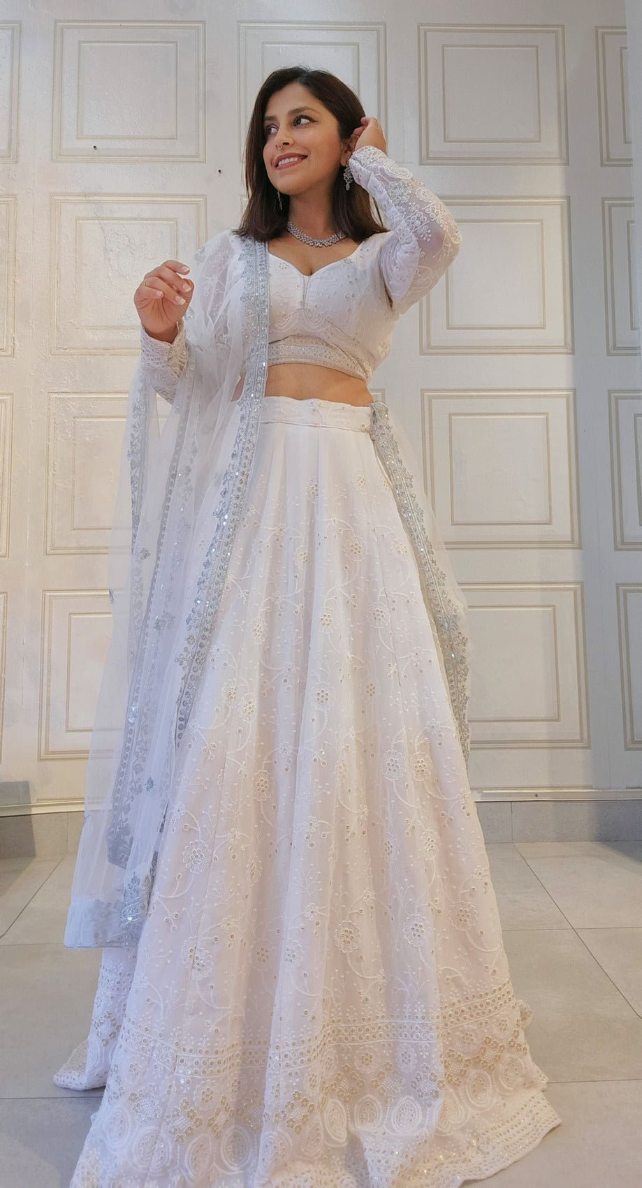 White Sequin and Thread Embroidered Lehenga with Full Sleeve Boutique Blouse and Shawl Mimosa