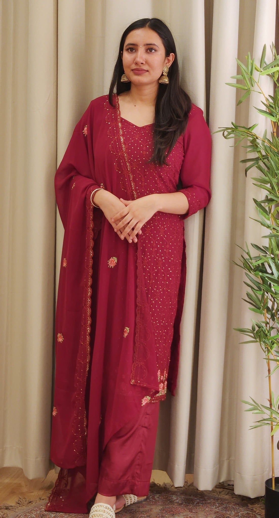 Maroon Georgette Womens Kurta with Pant and Shawl Ria