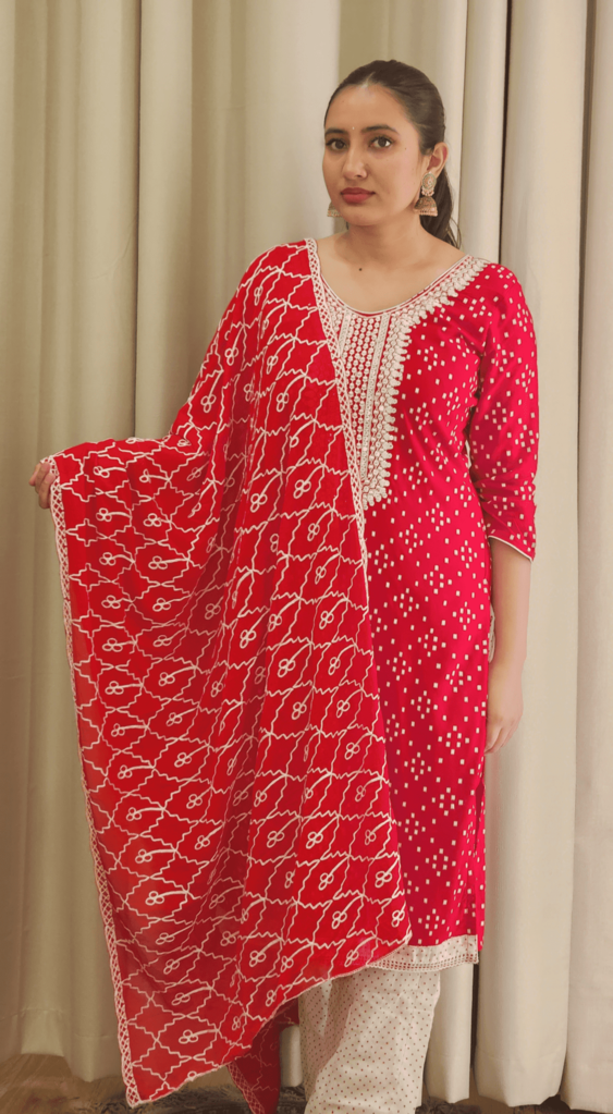 Red Threadwork Cotton Kurta with Pant and Shawl Ria
