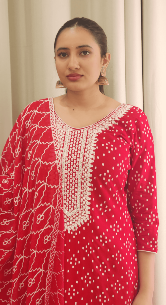 Red Threadwork Cotton Kurta with Pant and Shawl Ria