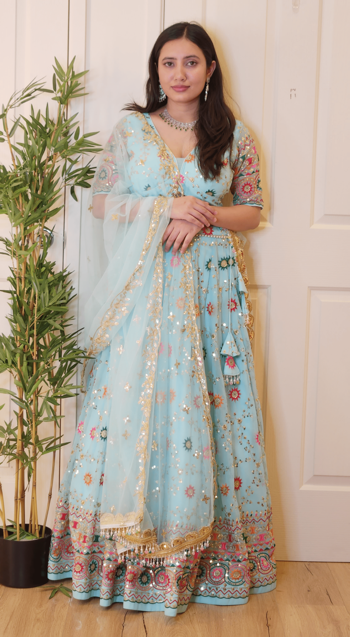 Sky Blue Zari Colorful Thread Embroidery and Sequinwork Lehenga with Boutique Blouse and Dupatta Mehendi