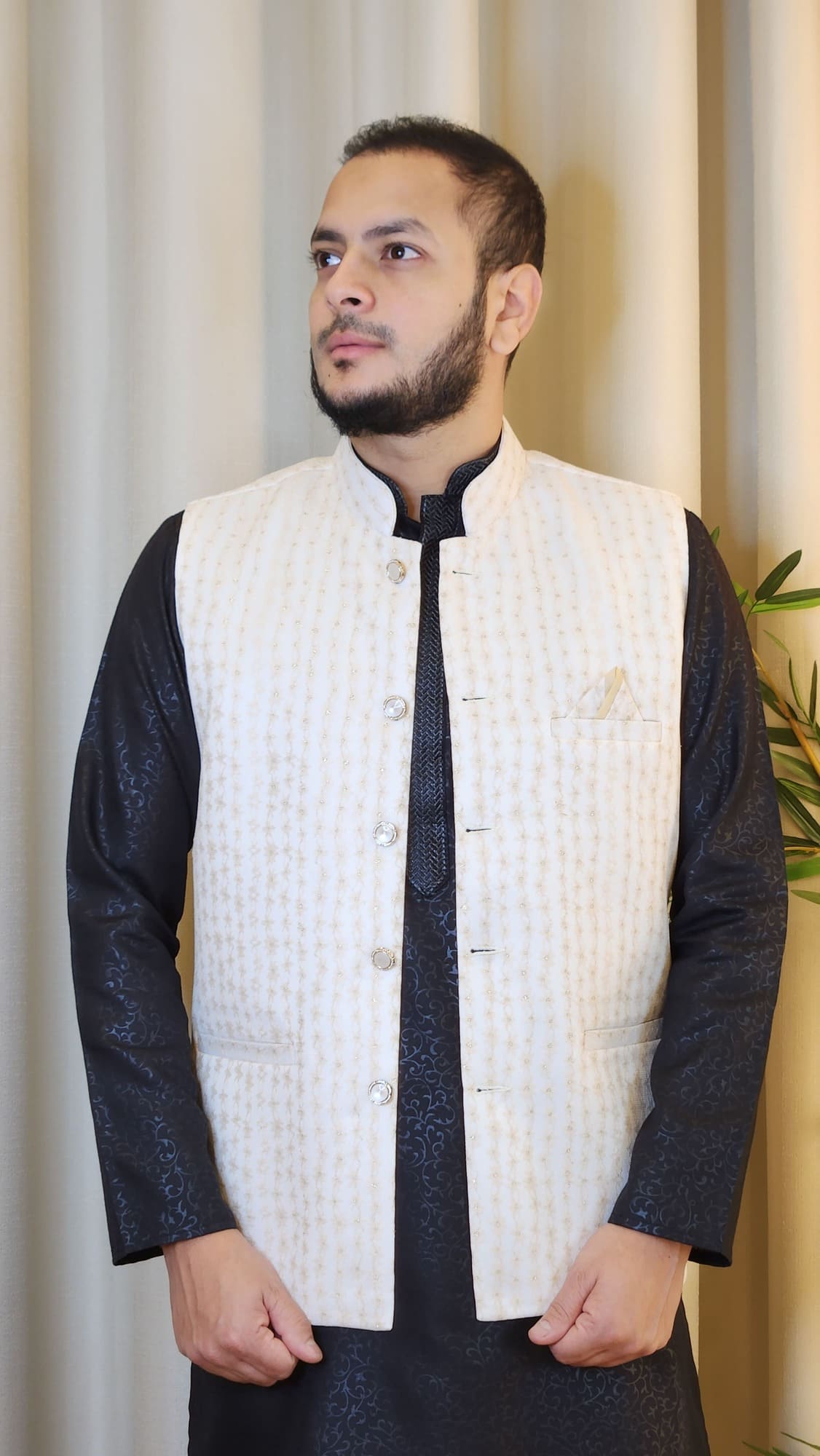 Cream and White Shimmer Embroidered Nehru Jacket
