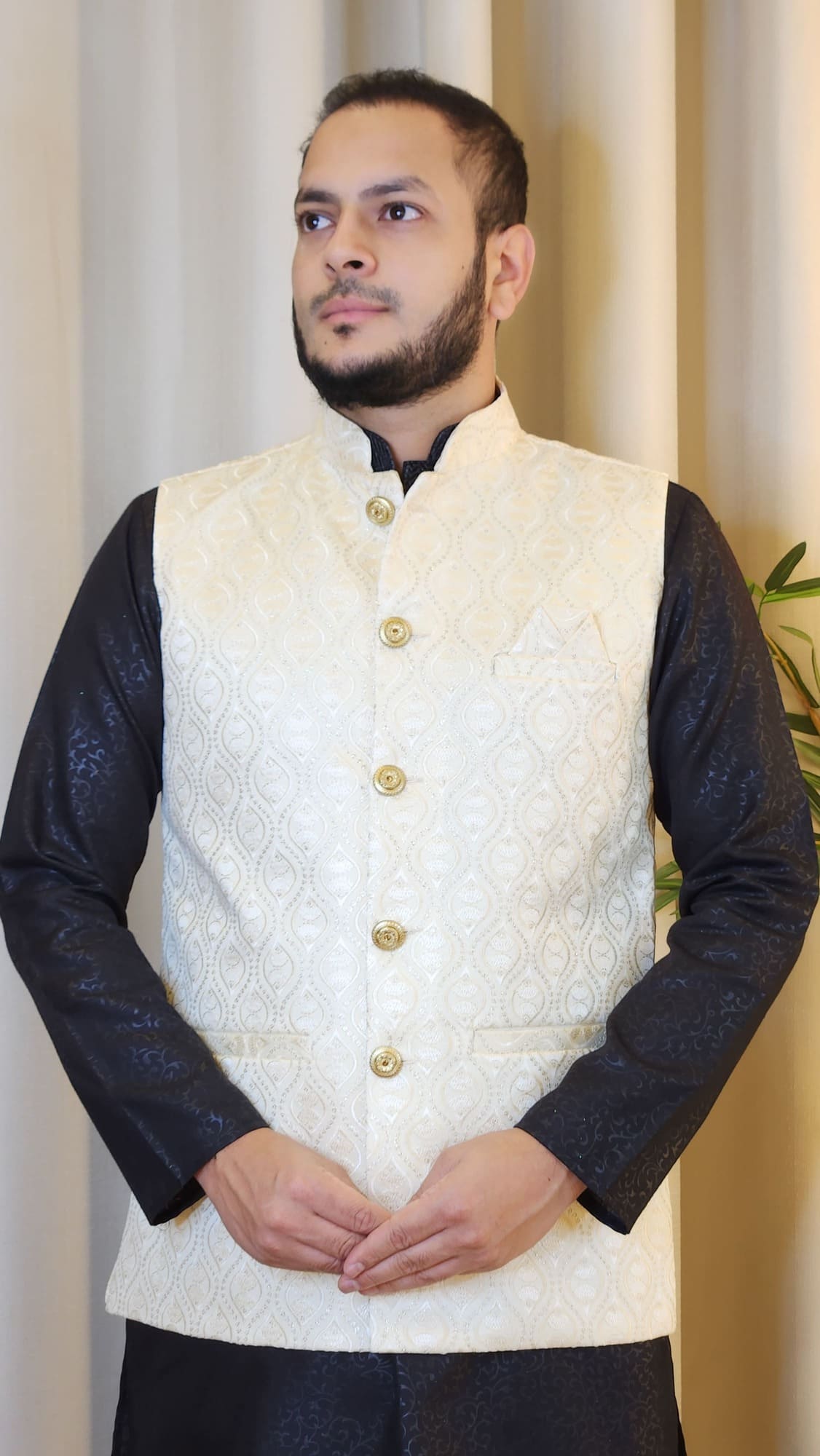 Malai Sequin Embroidered Nehru Jacket Beige