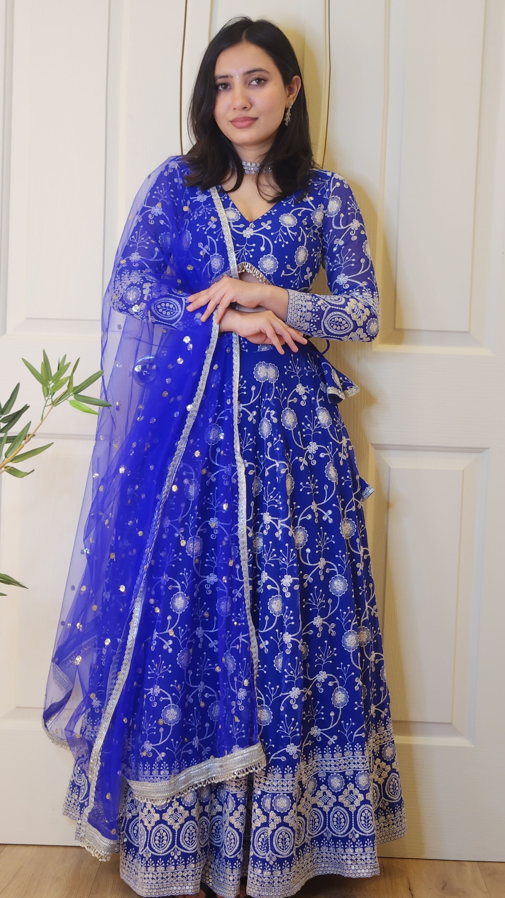 Royal Blue Sequin and Thread Embroidered Lehenga with Boutique Blouse and Shawl Mimosa