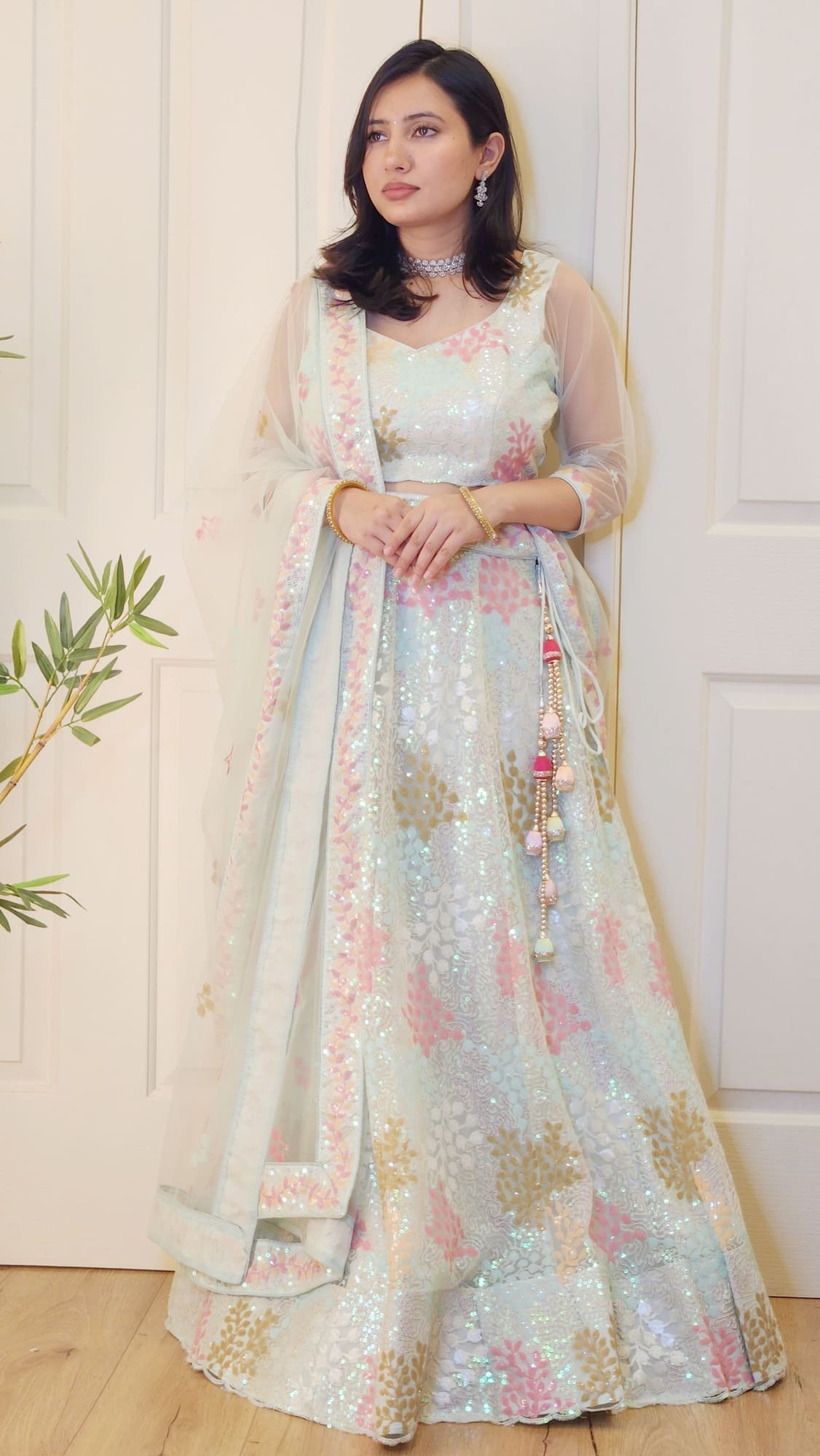 Pastel Pink and Blue Sequin Embroidered Lehenga with Blouse and Shawl Gia