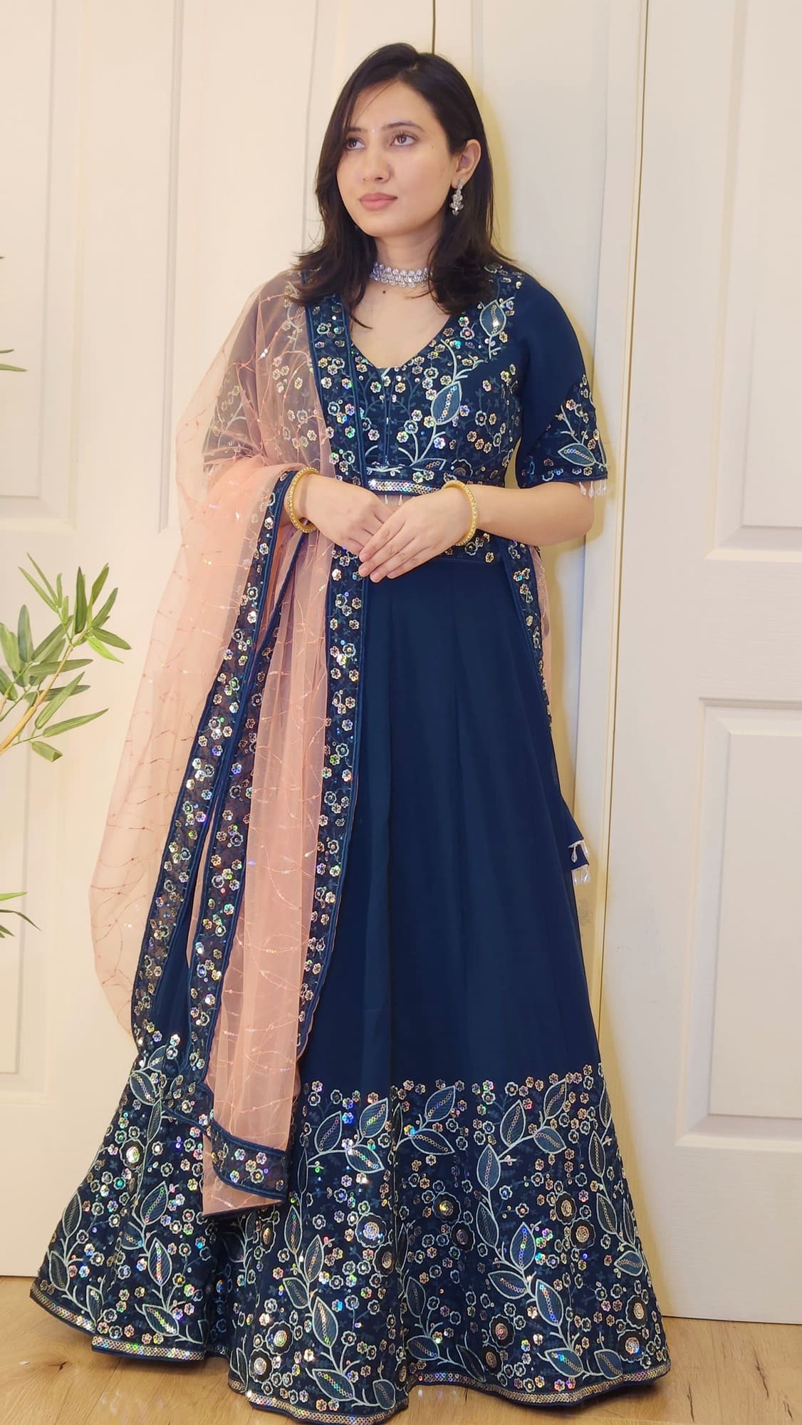 Navy Sequin Embroidered Lehenga with Blouse and  Contrast Shawl Gia