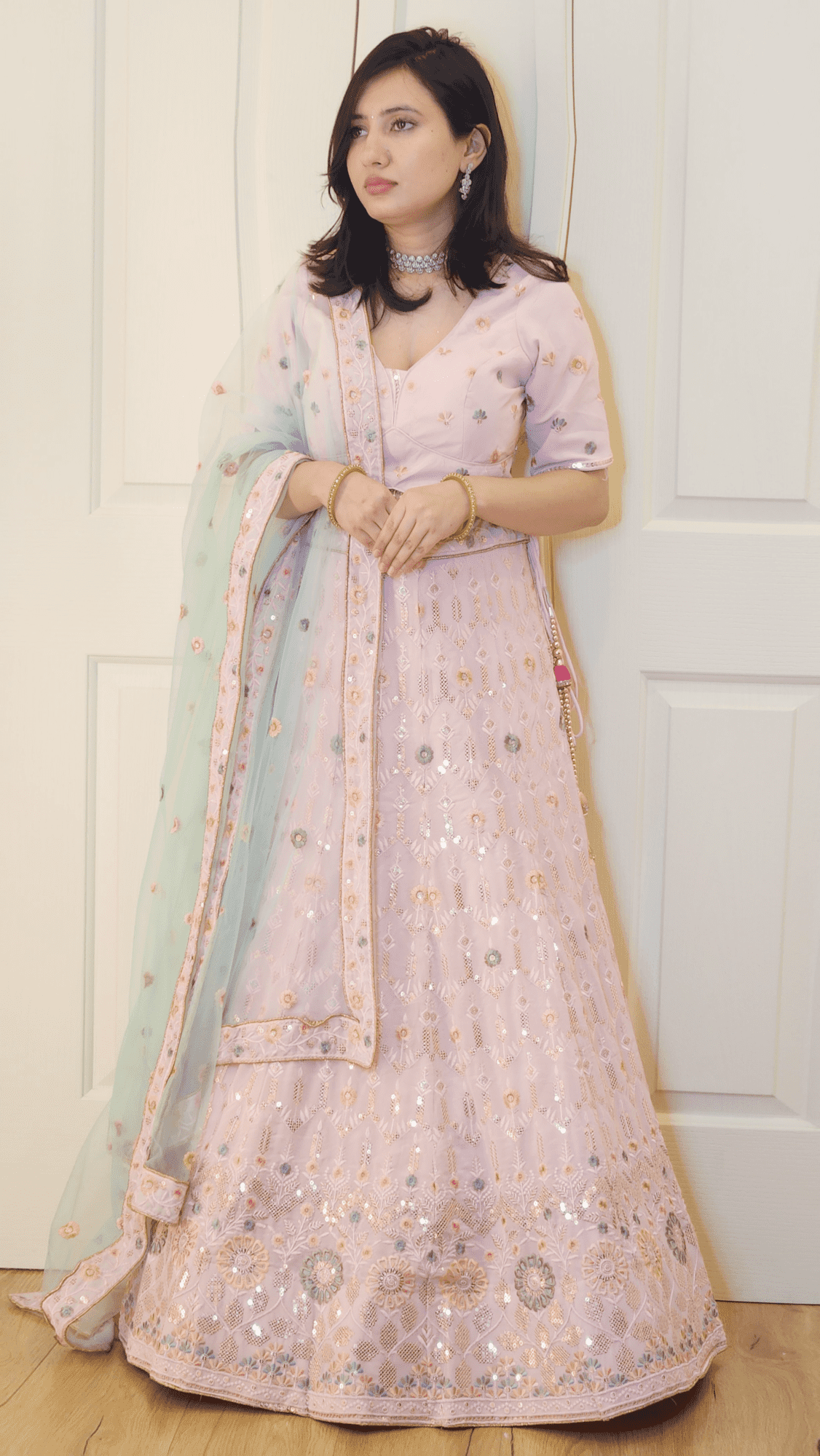 Baby Pink Pastel Lehenga with Blouse and Contrast Shawl Gia
