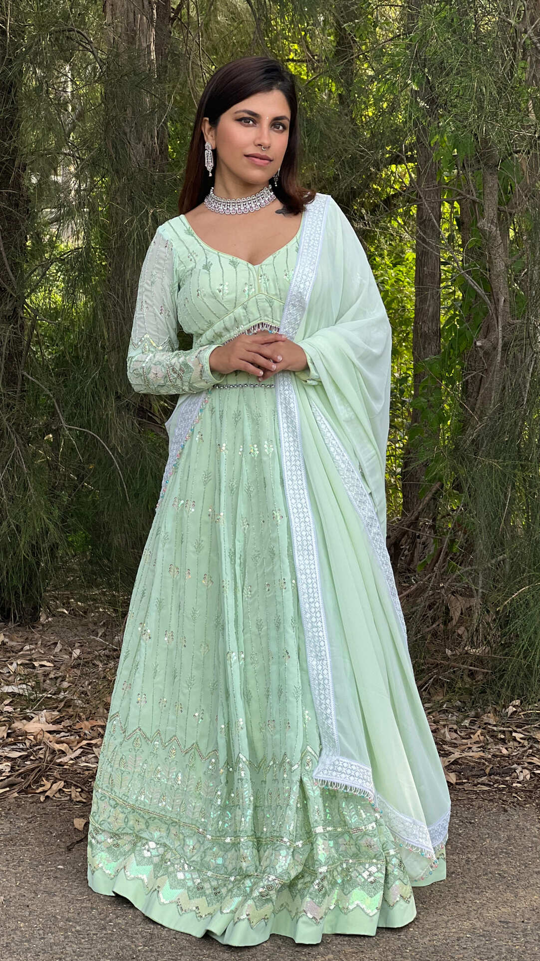 Sea Mist Green Handwork Thread Embroidered Lehenga with Boutique Blouse and Dupatta